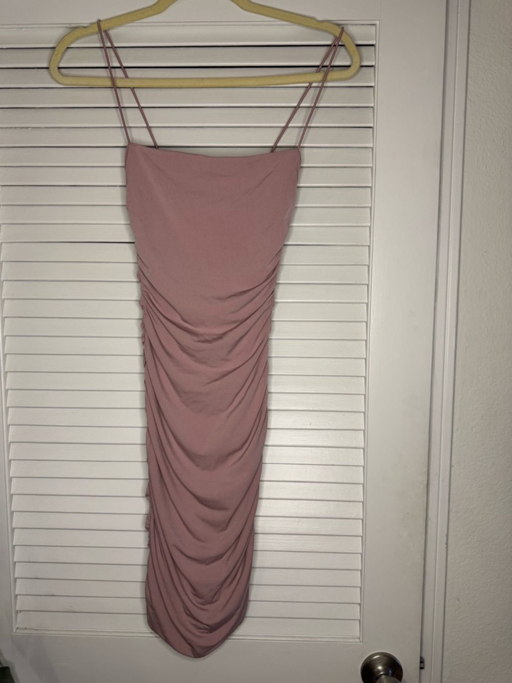 Nookie Dusty Rose Ruched Midi Dress with Double Spaghetti Straps